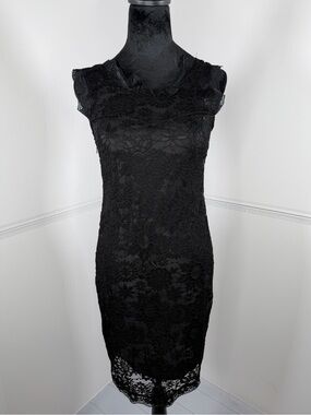 NWT ACEVOG Black Lace Bodycon Dress Size Small Sheer Overlay Cocktail